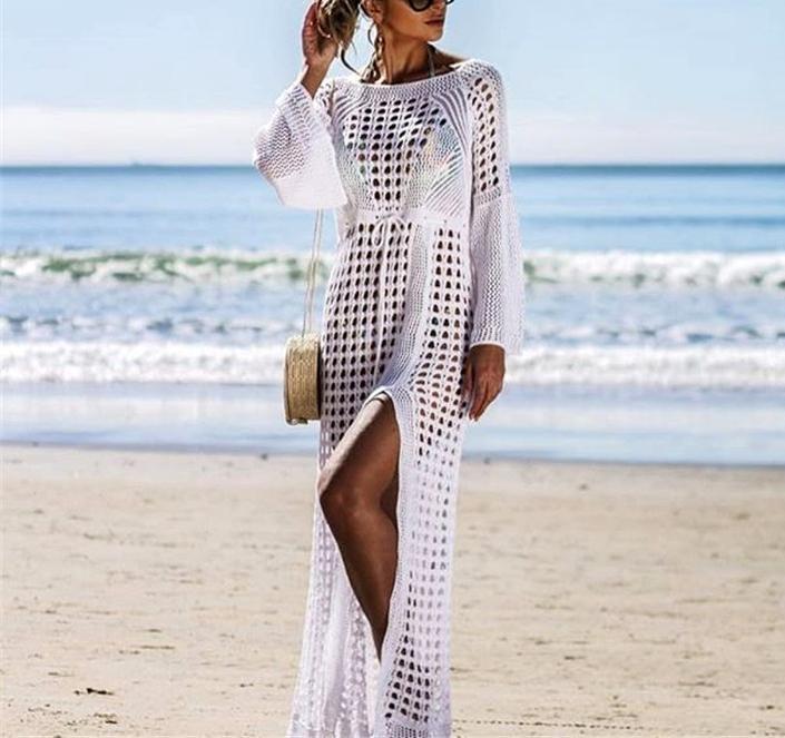 Casual Sexy Hollow Out long sleeve  Sandbeach Sunscreen Knitted Sweater Maxi Dresses