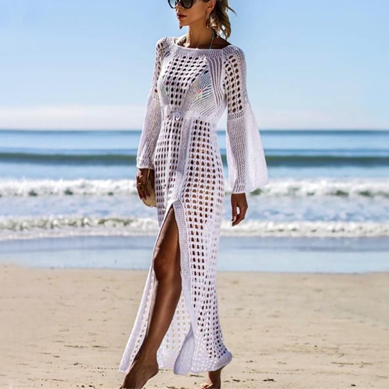 Casual Sexy Hollow Out long sleeve  Sandbeach Sunscreen Knitted Sweater Maxi Dresses