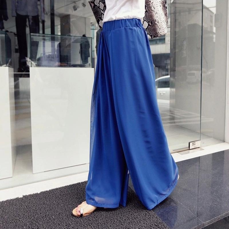 Casual High Waist   Loose Slim Bohemian Style Pure Color Chiffon Wide Leg Pants