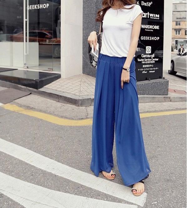 Casual High Waist   Loose Slim Bohemian Style Pure Color Chiffon Wide Leg Pants