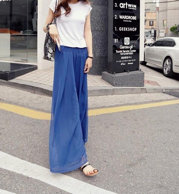 Casual High Waist   Loose Slim Bohemian Style Pure Color Chiffon Wide Leg Pants