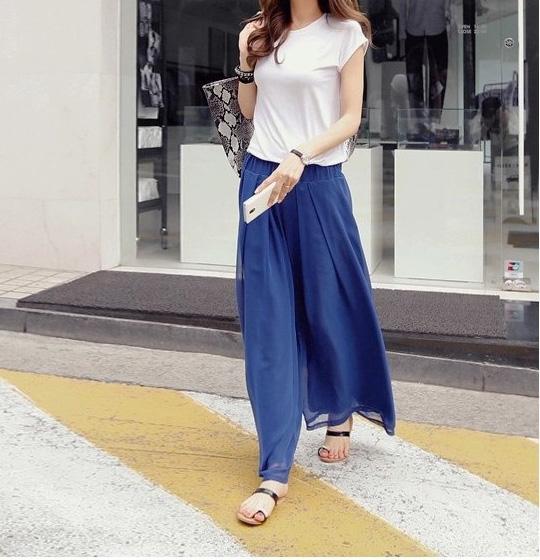 Casual High Waist   Loose Slim Bohemian Style Pure Color Chiffon Wide Leg Pants