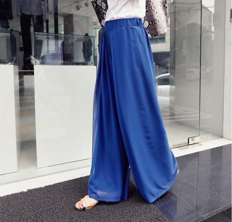 Casual High Waist   Loose Slim Bohemian Style Pure Color Chiffon Wide Leg Pants