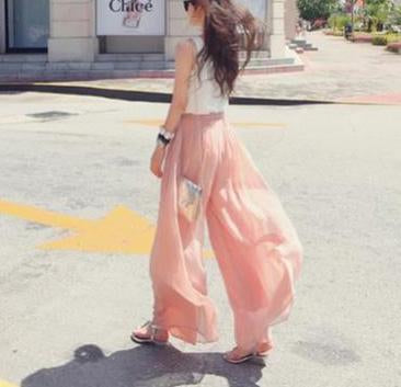 Casual High Waist   Loose Slim Bohemian Style Pure Color Chiffon Wide Leg Pants