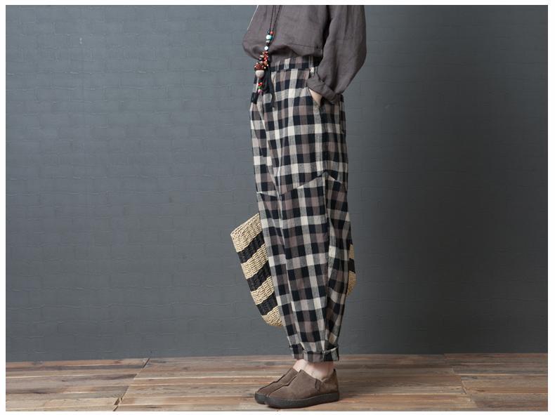 Casual High Waist Slim National Style Cotton And Linen Plaid Haren Pants