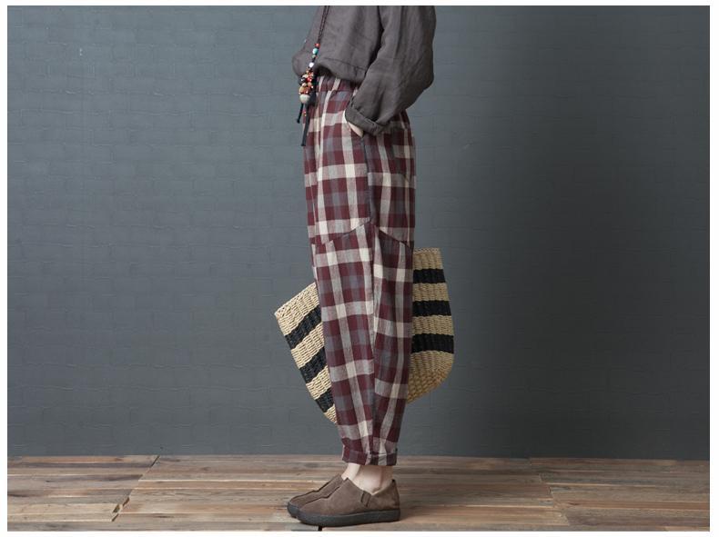 Casual High Waist Slim National Style Cotton And Linen Plaid Haren Pants