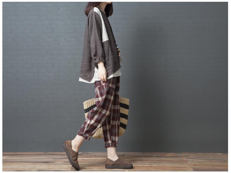Casual High Waist Slim National Style Cotton And Linen Plaid Haren Pants
