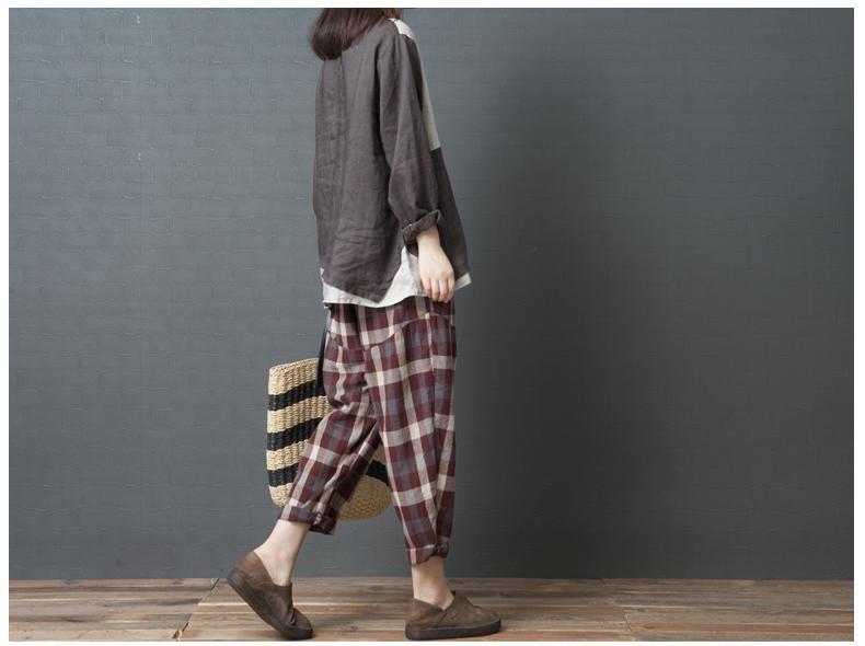 Casual High Waist Slim National Style Cotton And Linen Plaid Haren Pants