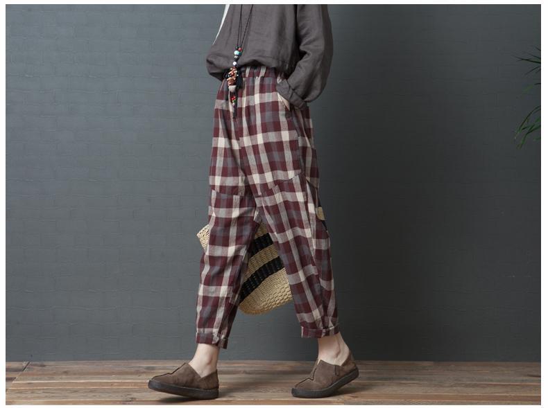 Casual High Waist Slim National Style Cotton And Linen Plaid Haren Pants