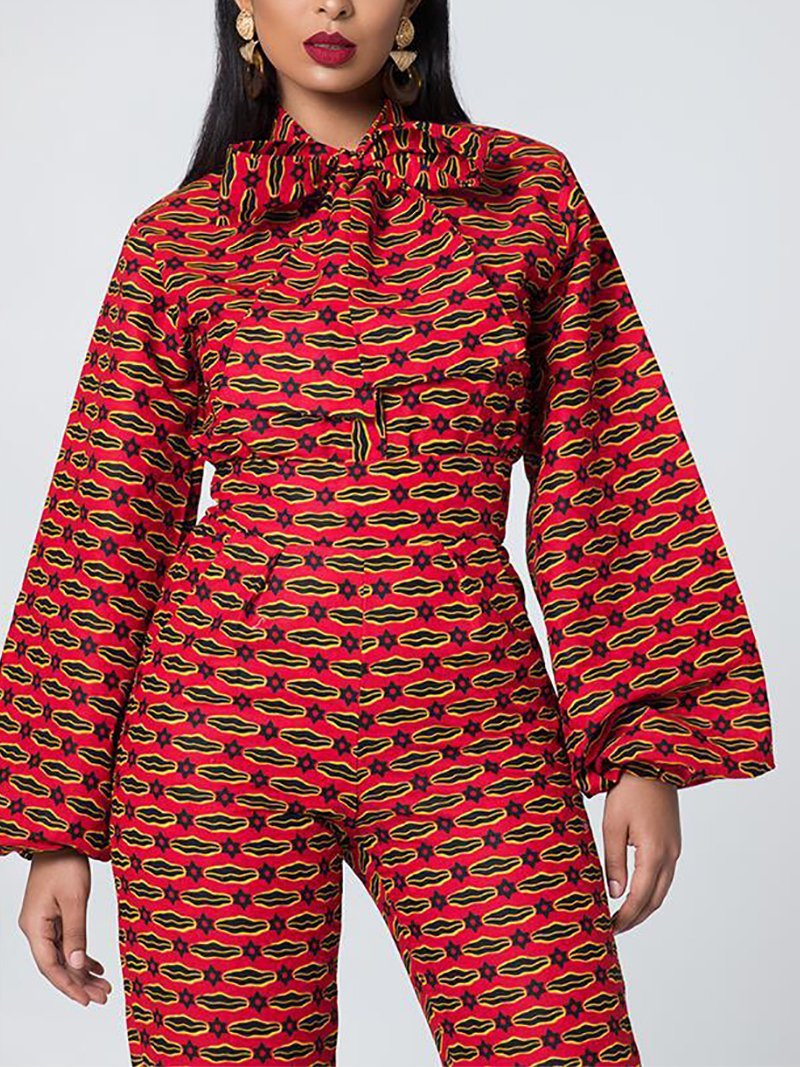 Fashion Printed Colour Long Sleeve Bow Jumpsuits