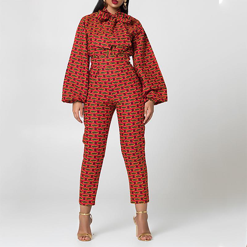 Fashion Printed Colour Long Sleeve Bow Jumpsuits