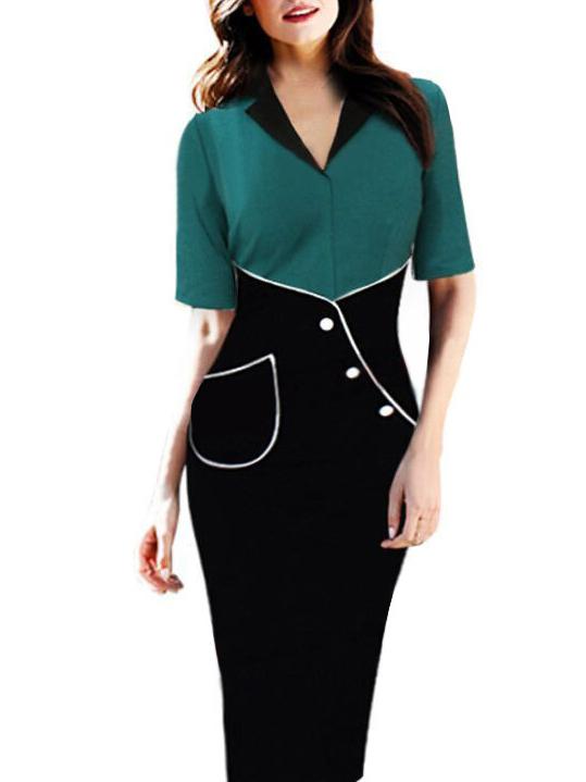 V-Neck short sleeves Patch Pocket  Decorative Button  Color Block Bodycon Dress