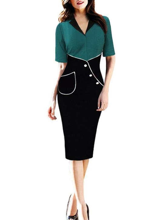 V-Neck short sleeves Patch Pocket  Decorative Button  Color Block Bodycon Dress