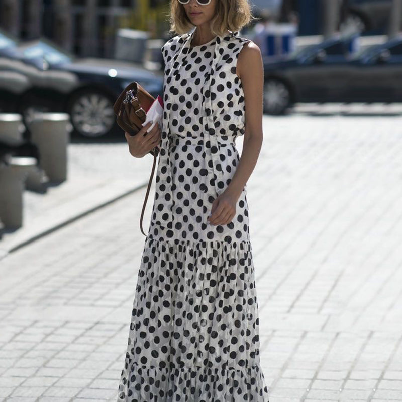 Women's Fashion Sleeveless Polka Dot Splicing Ruched Dress
