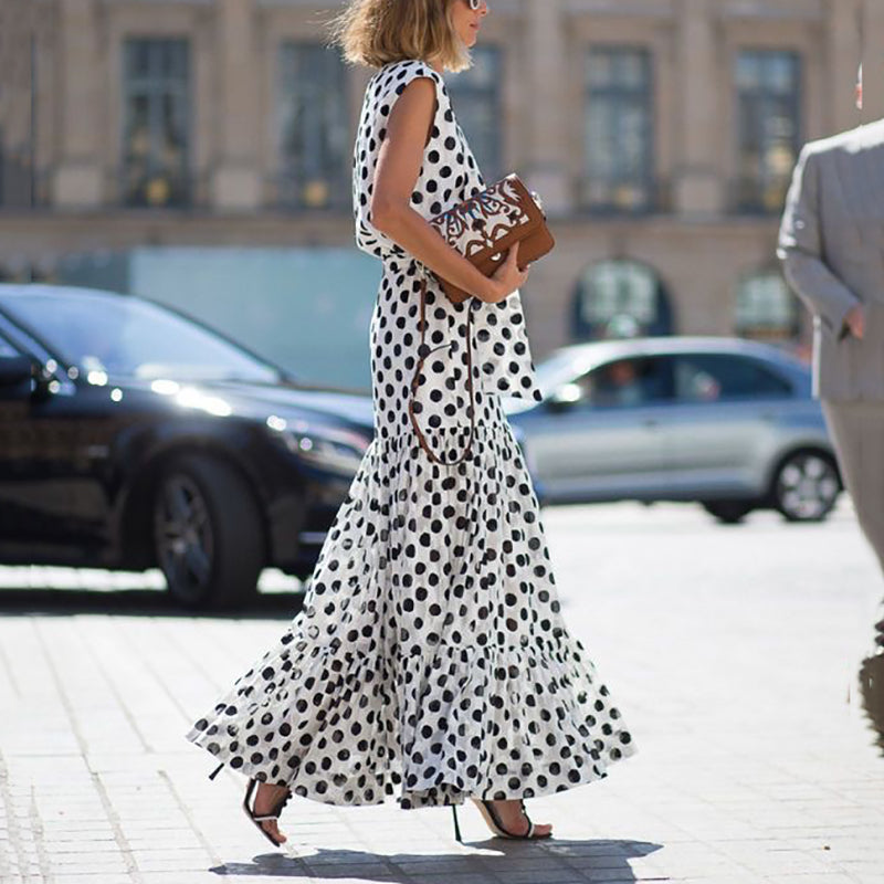 Women's Fashion Sleeveless Polka Dot Splicing Ruched Dress