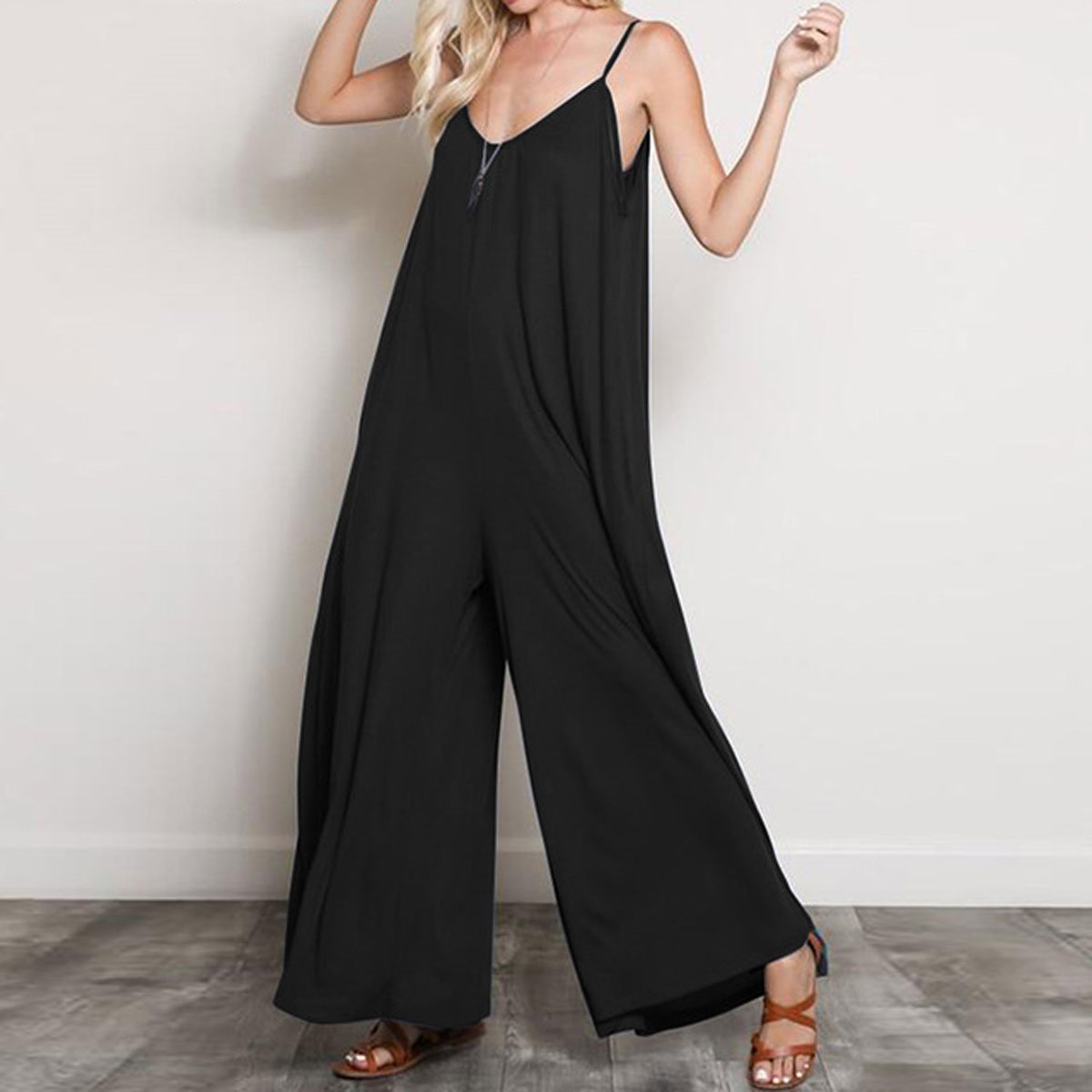 Simple Plain Deep V Neck Loose Soft Jumpsuit