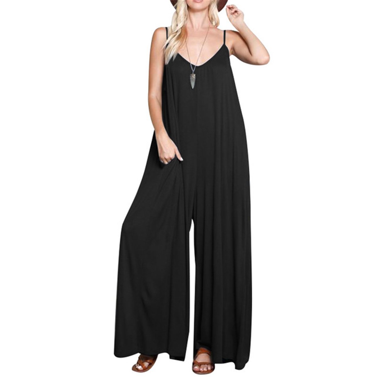 Simple Plain Deep V Neck Loose Soft Jumpsuit