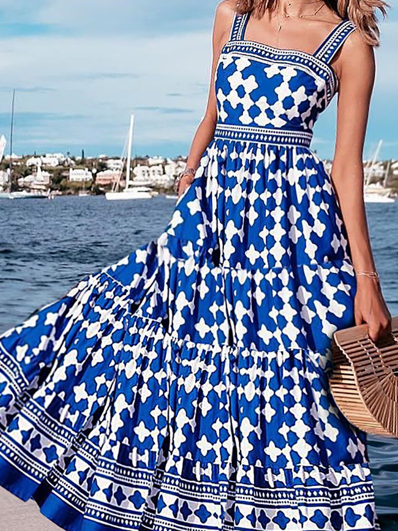 Fashion Printed Colour Sling Sleeveless Dresses