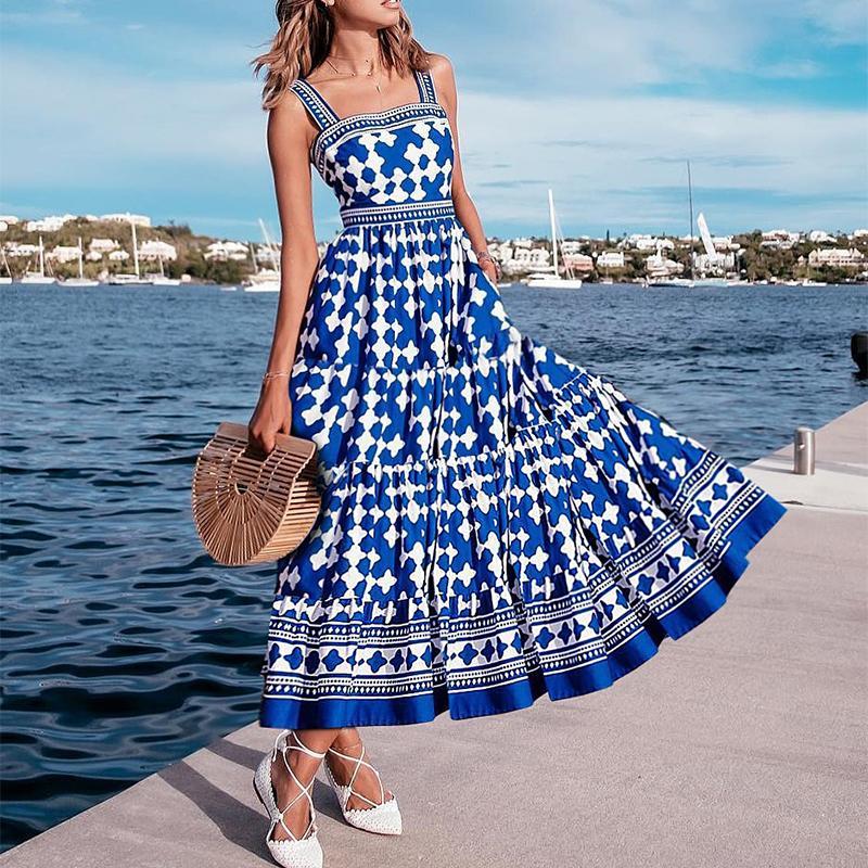 Fashion Printed Colour Sling Sleeveless Dresses