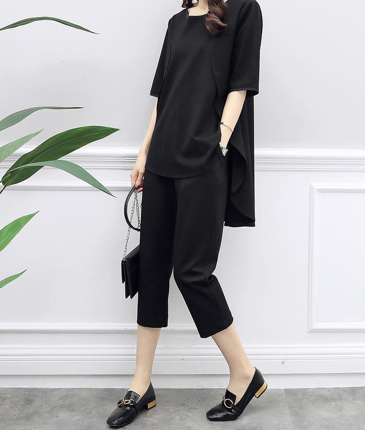 Casual Loose Pure   Color T Shirt With Pencil Pants Two Piece Suit