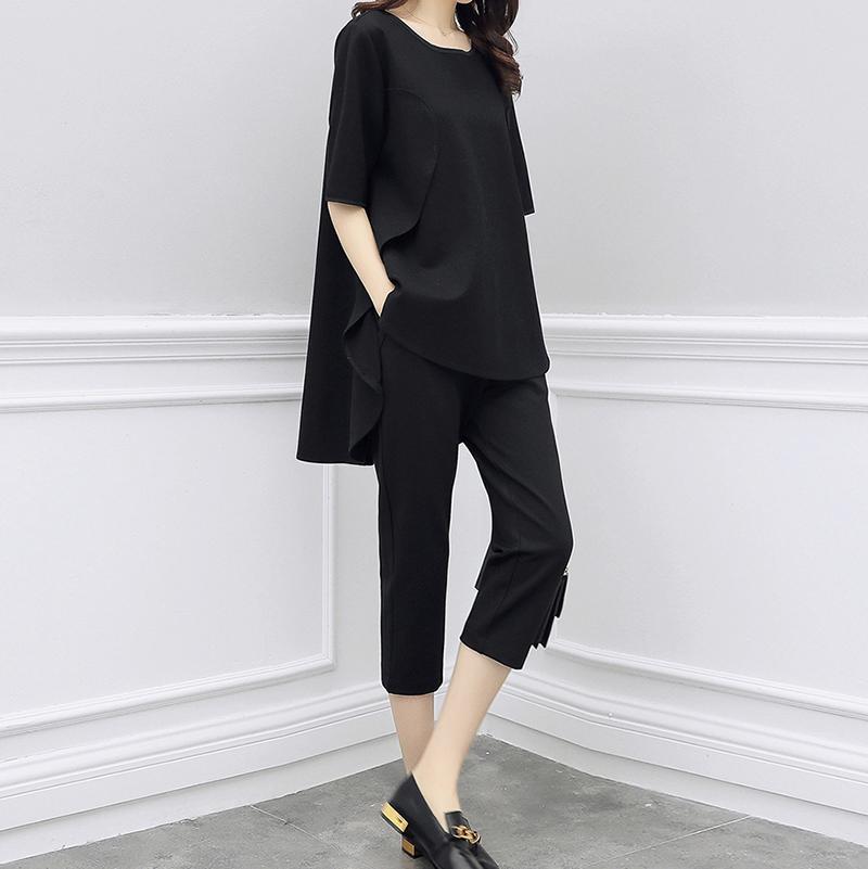 Casual Loose Pure   Color T Shirt With Pencil Pants Two Piece Suit