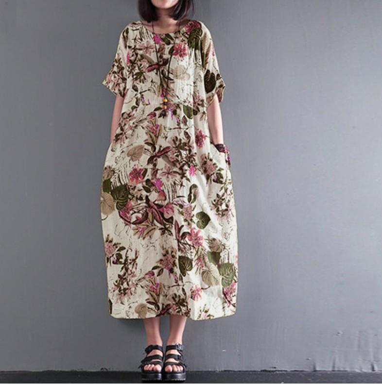 Cotton And Linen Printed Medium Length Pocket short sleeves Maxi Dress With Medium Cuffs