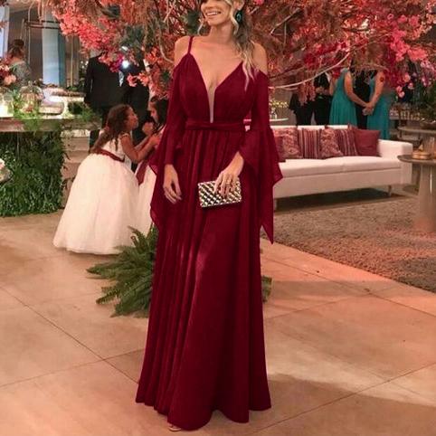 Casual Sexy Deep V Neck long sleeves Off The Shoulder Sling Evening Dresses
