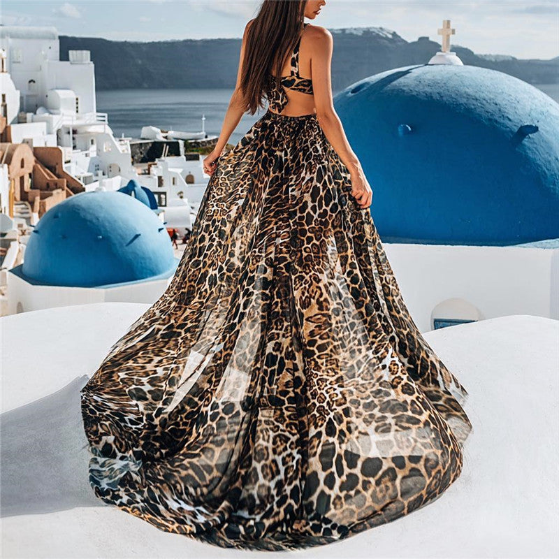 Women Deep V Leopard Print Sleeveless Long Dress