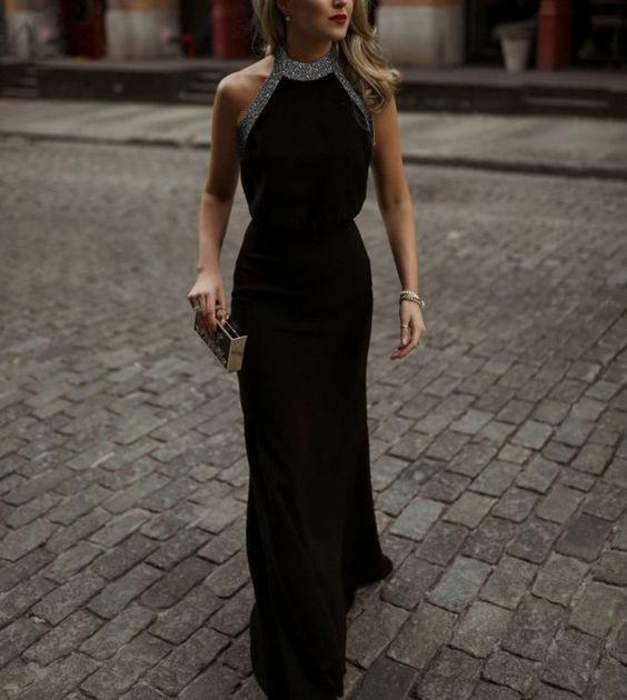 Casual Sexy Backless sleeveless  Slim Sparkling Crystal Necklace Evening Dresses