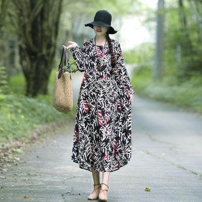 Long-Sleeved Dresses In Loose Cotton And Linen Printed