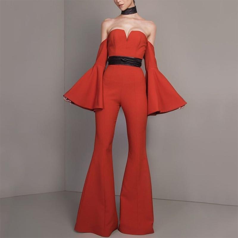 Commuting V Neck Bell Sleeve Pure Colour Jumpsuit