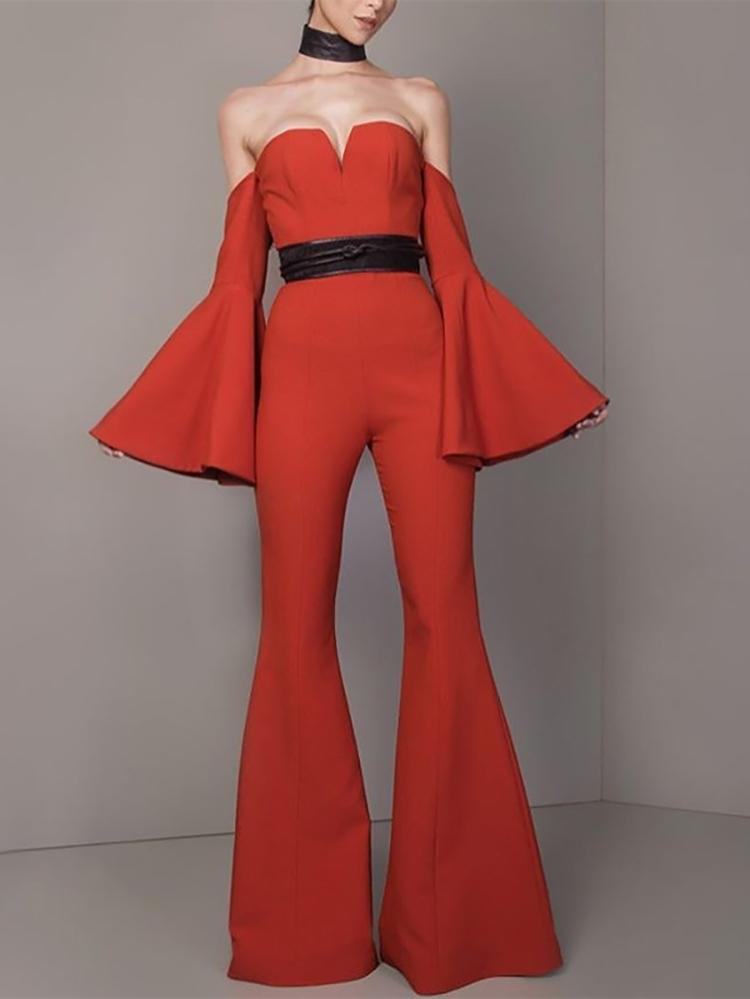 Commuting V Neck Bell Sleeve Pure Colour Jumpsuit