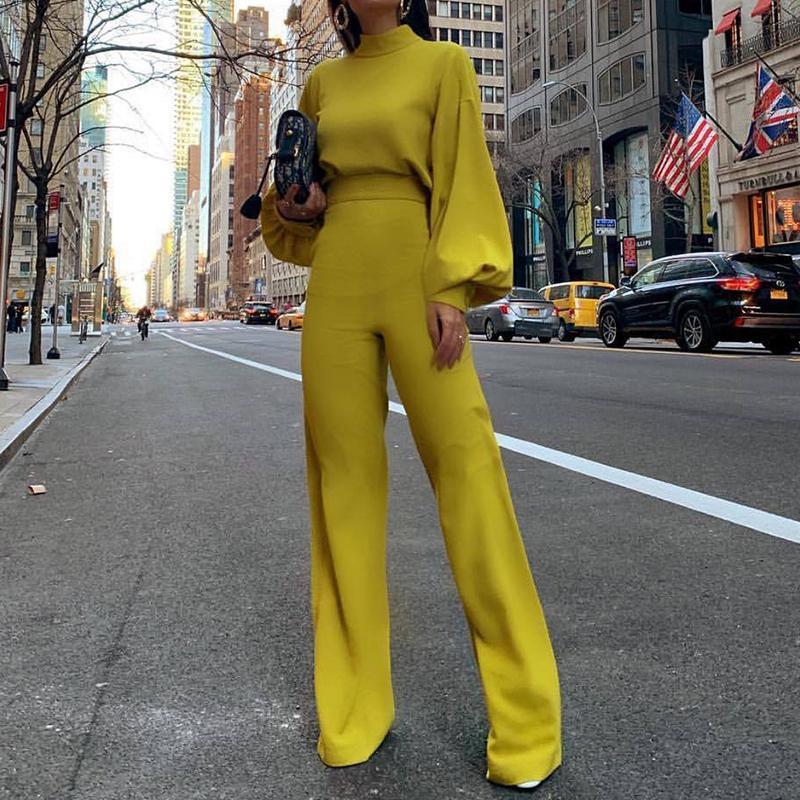 Fashion Bishop Sleeve Pure Colour Half Collar Jumpsuits