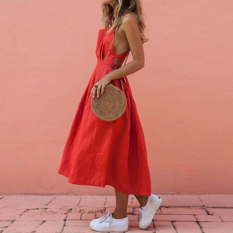 Sexy Backless Cross Sleeveless Plain Vacation Dresses