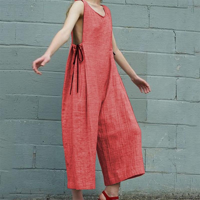 Casual Round Neck Pure Colour Sleeveless Jumpsuits