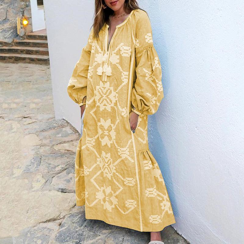Bohemian Bishop Sleeve Printed Colour long sleeves Maxi Dresses