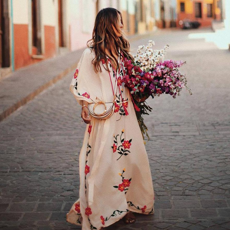 V Collar Loose Ethnic Style Printed long sleeves Maxi Dress
