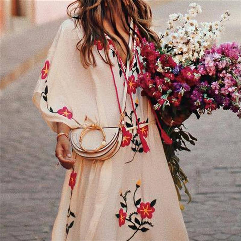 V Collar Loose Ethnic Style Printed long sleeves Maxi Dress