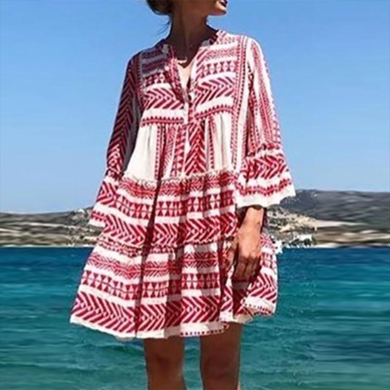 Bohemian Printed Colour Bell long sleeve Pleated Dress