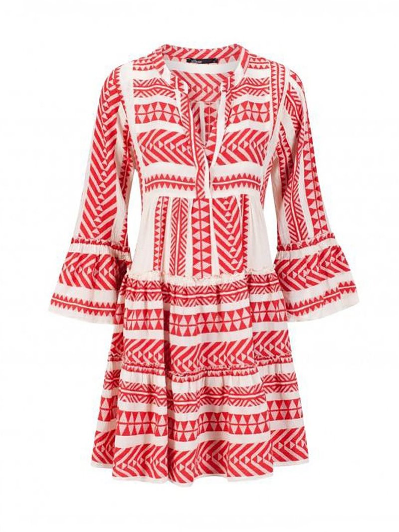 Bohemian Printed Colour Bell long sleeve Pleated Dress