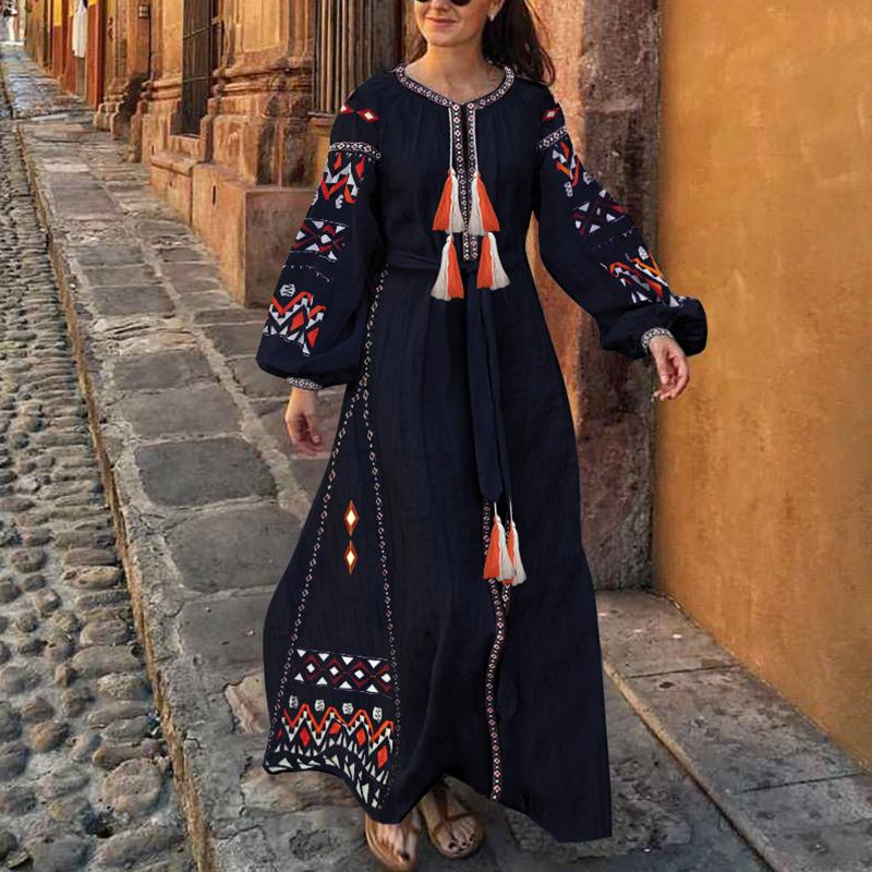 Bohemian Round Neck Long sleeveTassel Belted Dress