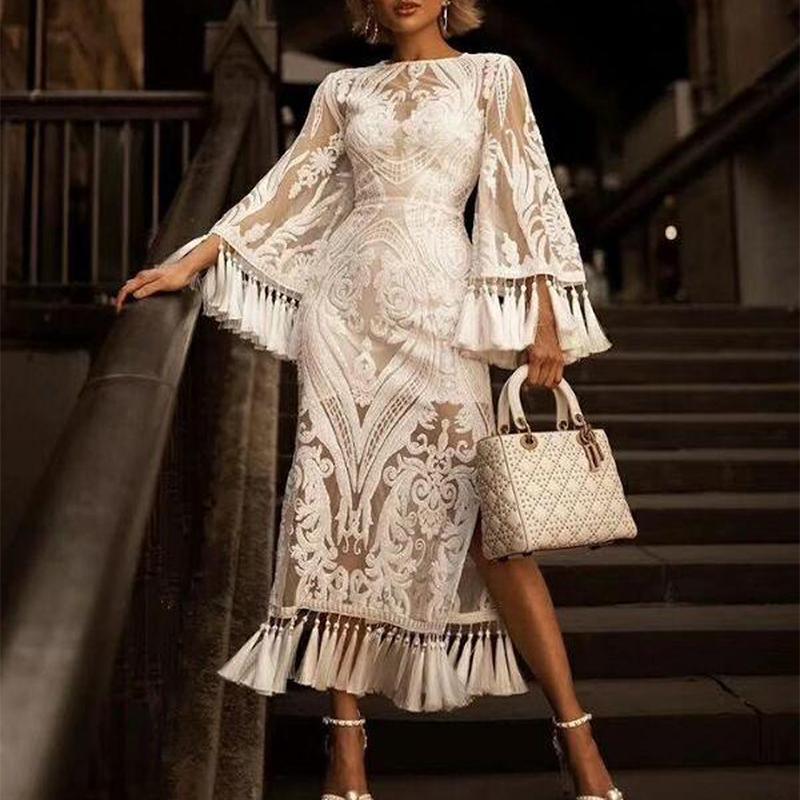 Lace Inwrought Tassel Bell long sleeves Dress
