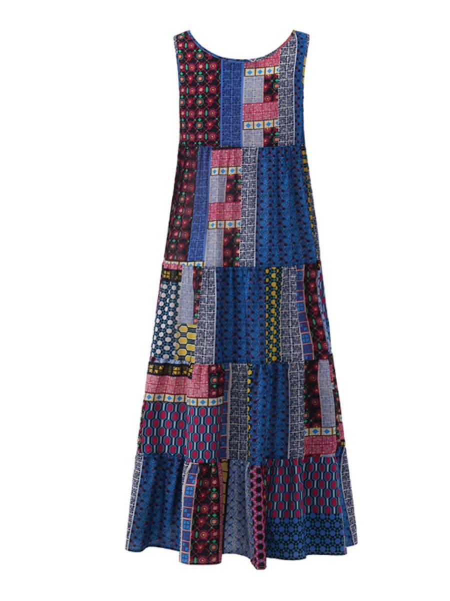 Round Neck sleeveless  Print Midi Dress