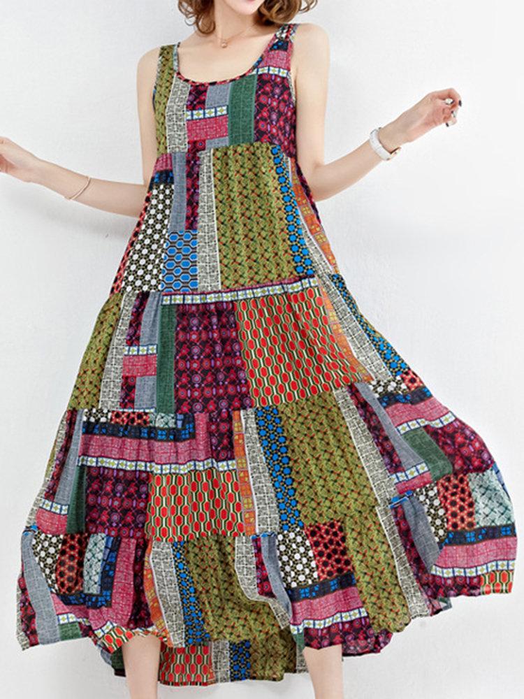 Round Neck sleeveless  Print Midi Dress