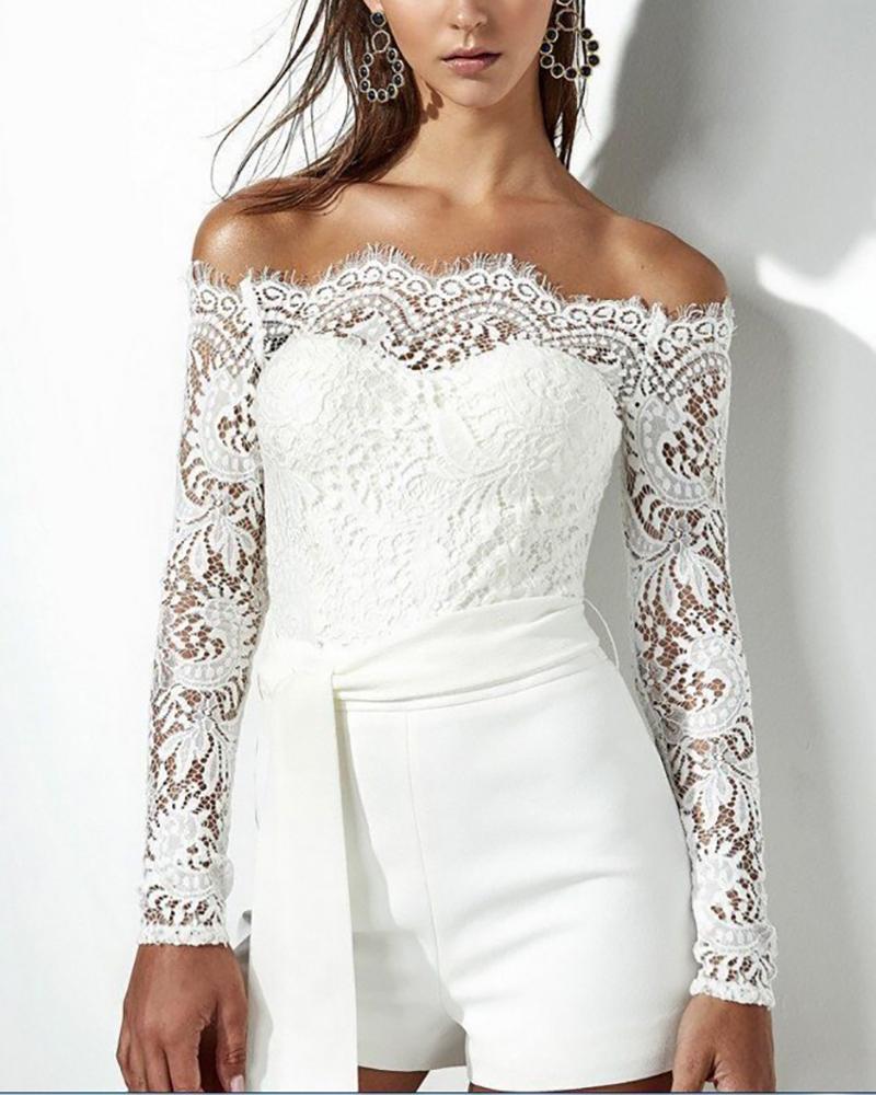 Off-The-Shoulder Lace Belt Jumpsuit