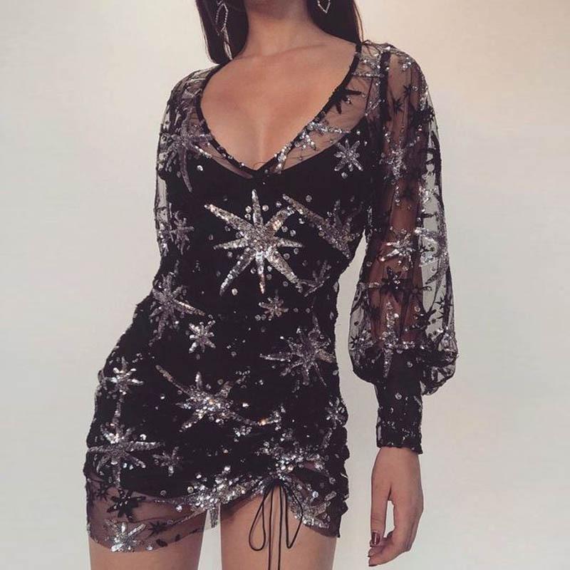 Female Sexy Print Long-Sleeved V-Collar Perspective Mini Dress