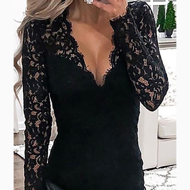 Female Sexy V Collar long sleeve Lace Splice Halter Vest Trim Dress