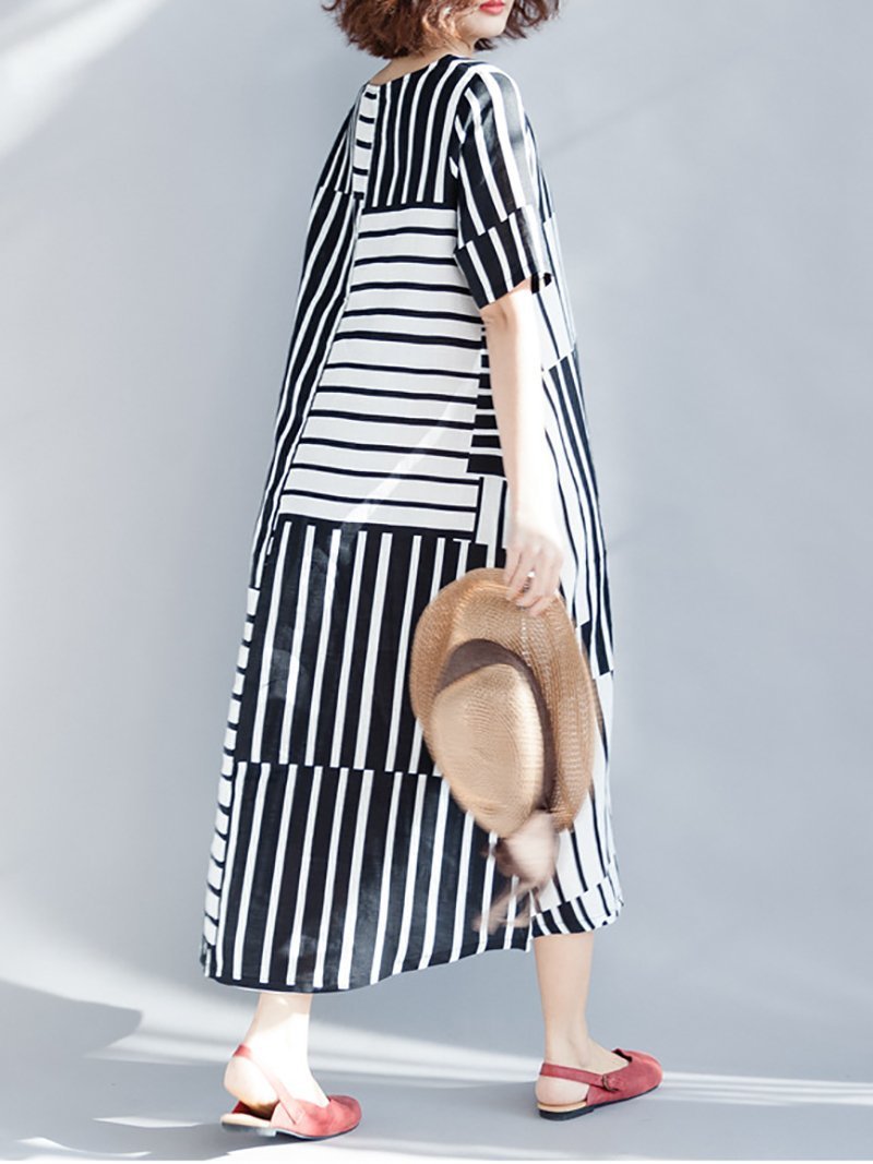 Casual Round Neck Stripe Short Sleeve Dress