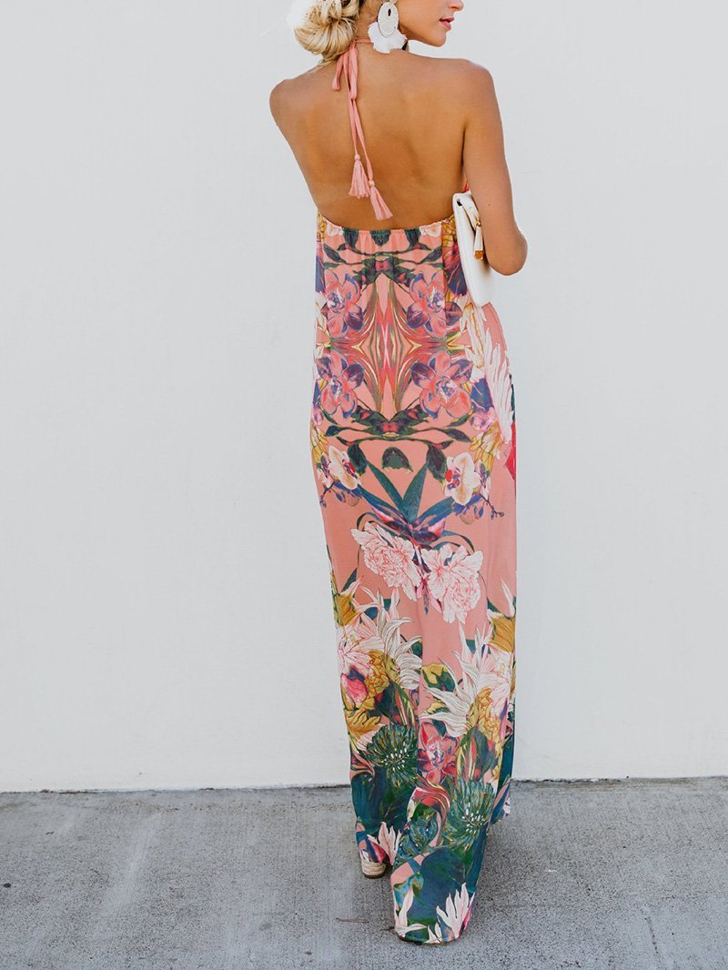Bohemian Bare Back Off-Shoulder Sleeveless Printed Colour Jumper Skirt