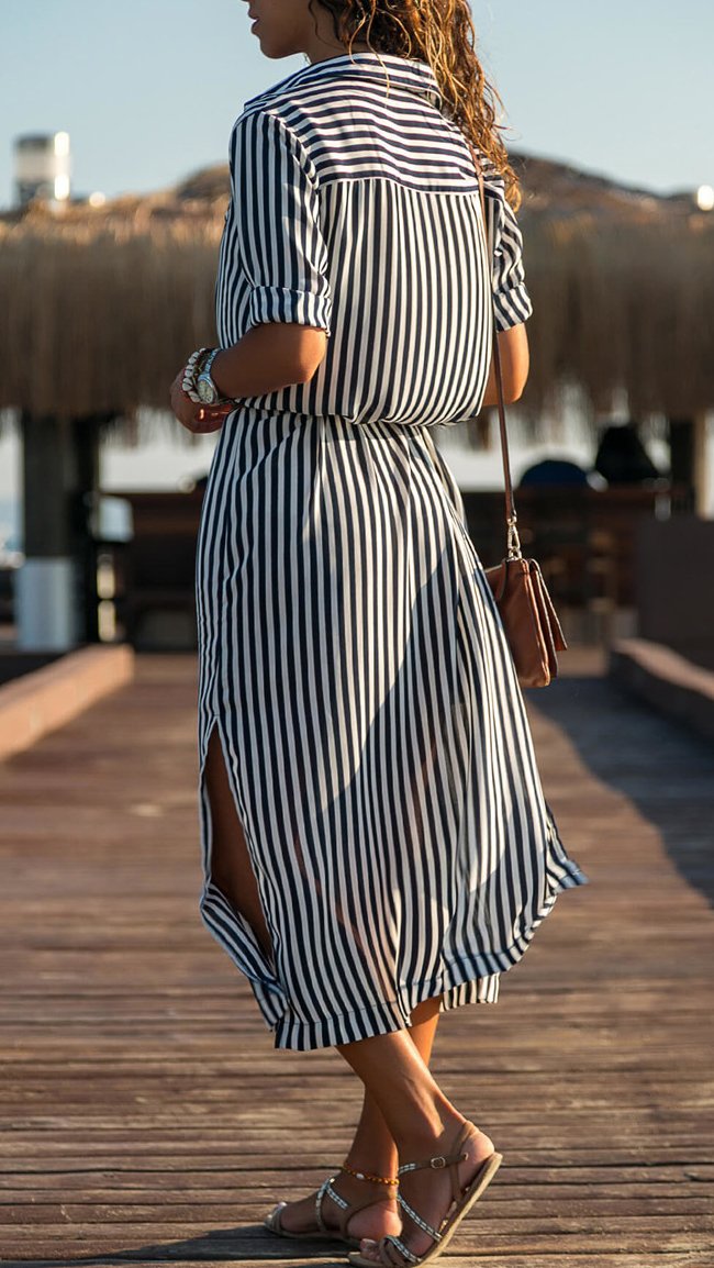 Casual Fashion Striped Shirt  Collar Split short sleeve Dress